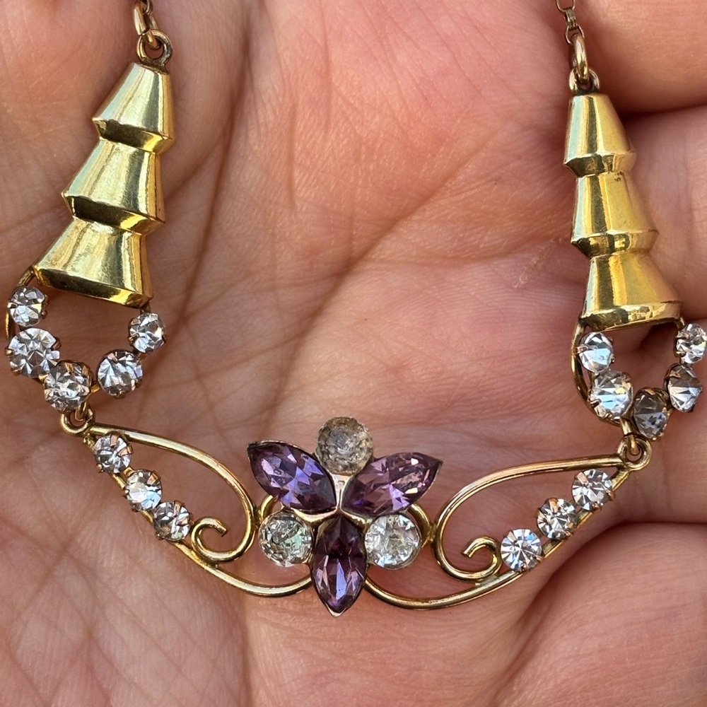 Vintage Gold Filled Rhinestone Necklace Purple Crystal Floral Art Deco Statement
